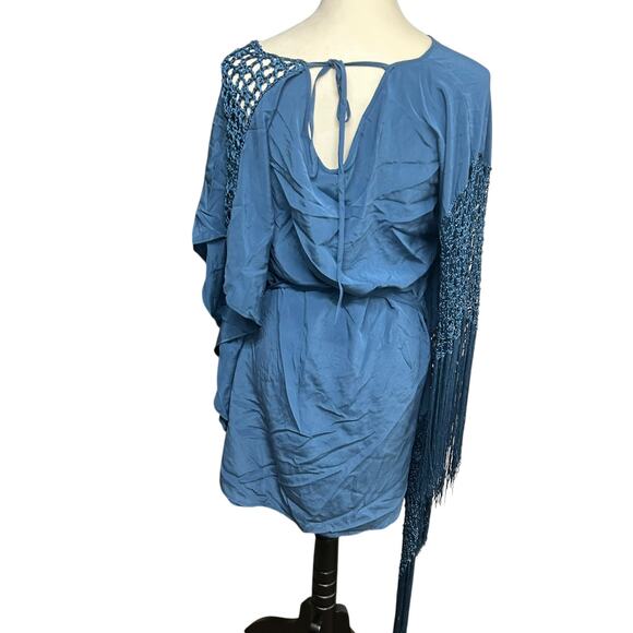 Boho Luxe Fringe Tunic Dress Gold Hawk Blue Silk‎ Crochet Festival Size M - Picture 4 of 7